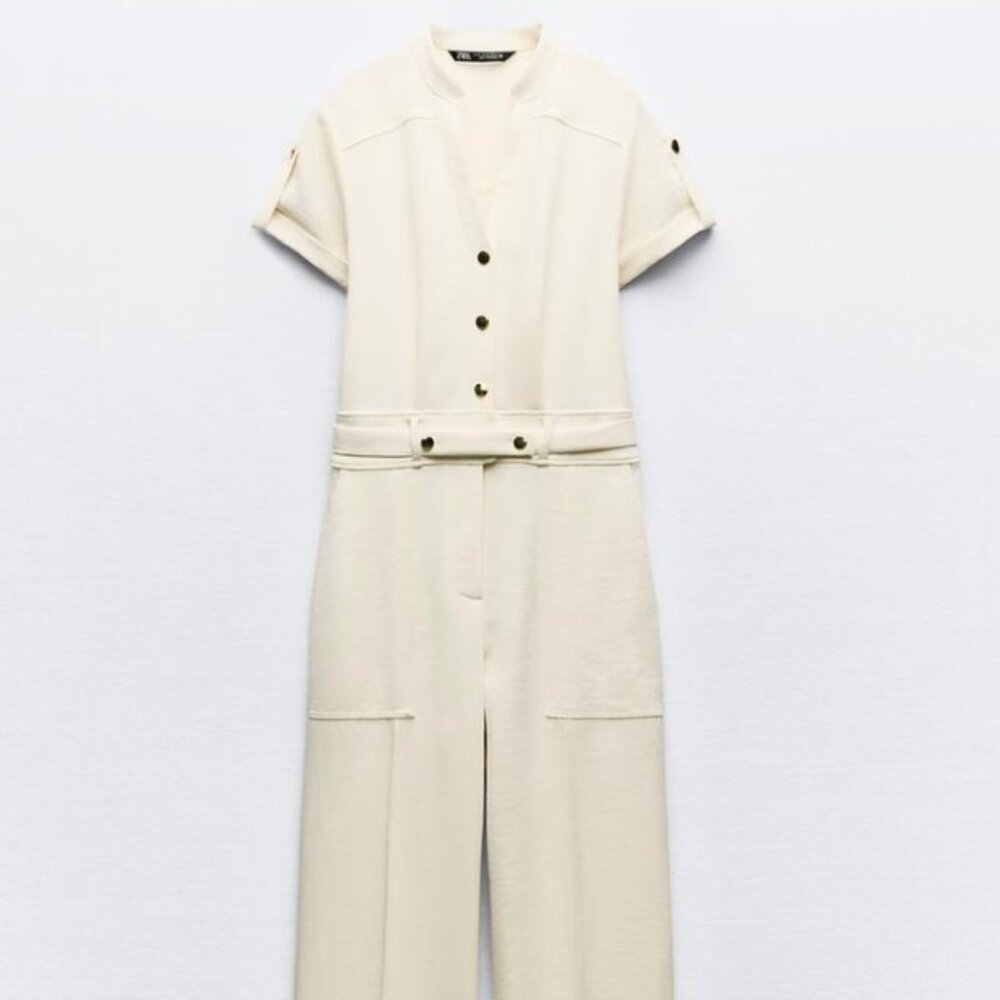 NWT Zara cream crepe jumpsuit with gold buttons